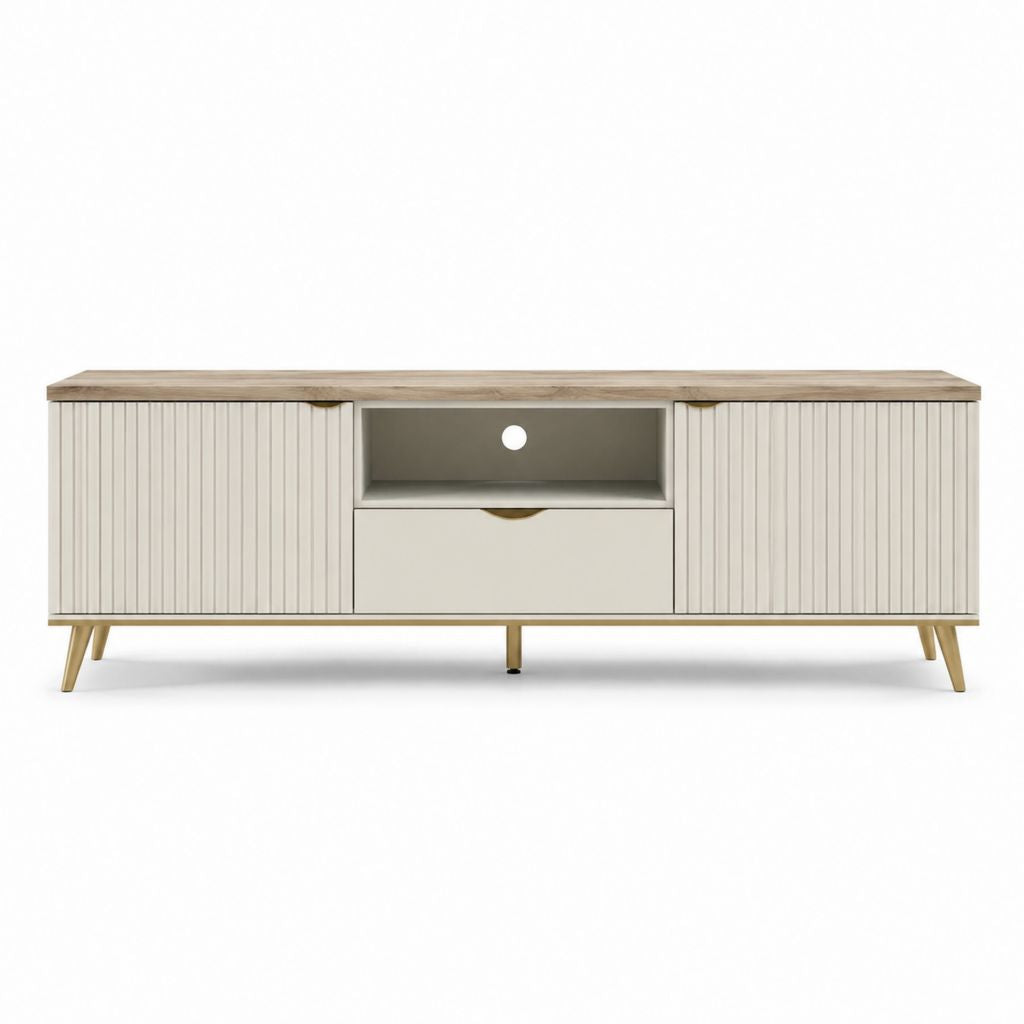 TV-Lowboard Beige Eiche Dekor MDF rechteckig mit 2 Türen 1 Schublade 1 offenem Fach 160 x 40 x 55 cm