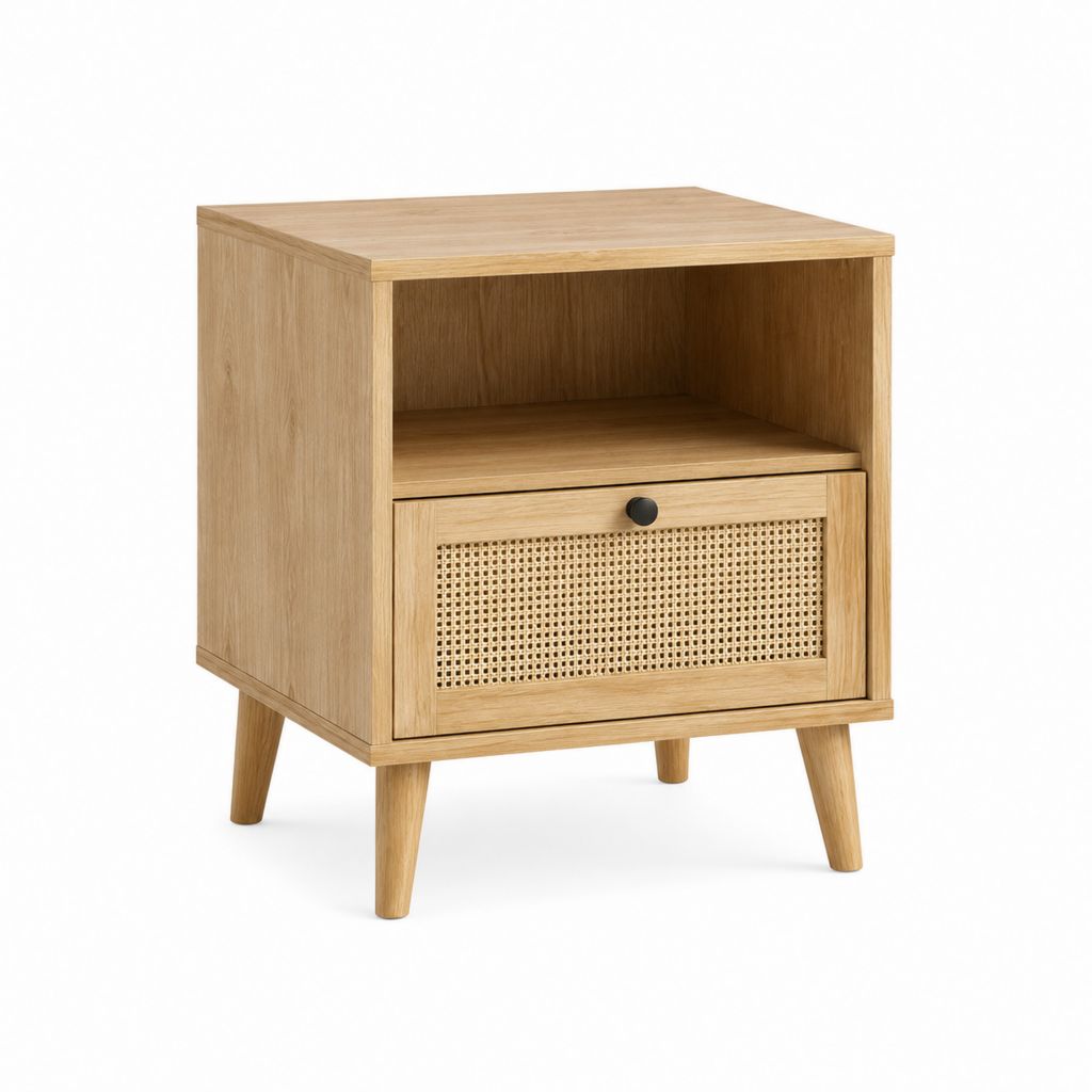 Nachttisch mit Schublade und offenem Fach Eichenoptik MDF Rattan rechteckig 40 x 35 x 55 cm