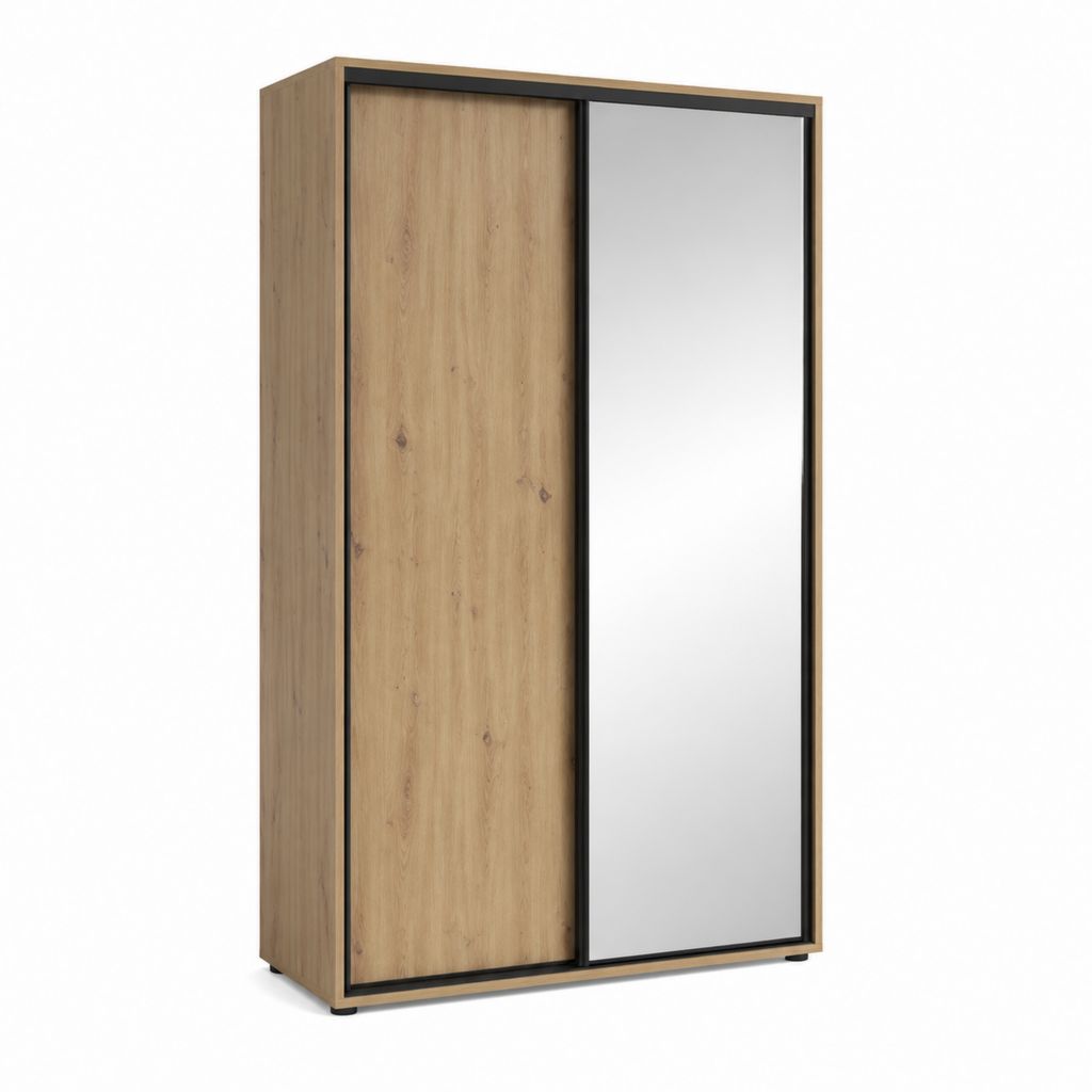 Schiebetürenschrank Eiche-Optik mit Spiegel und schwarzem Aluminiumrahmen 100 x 60 x 200 cm