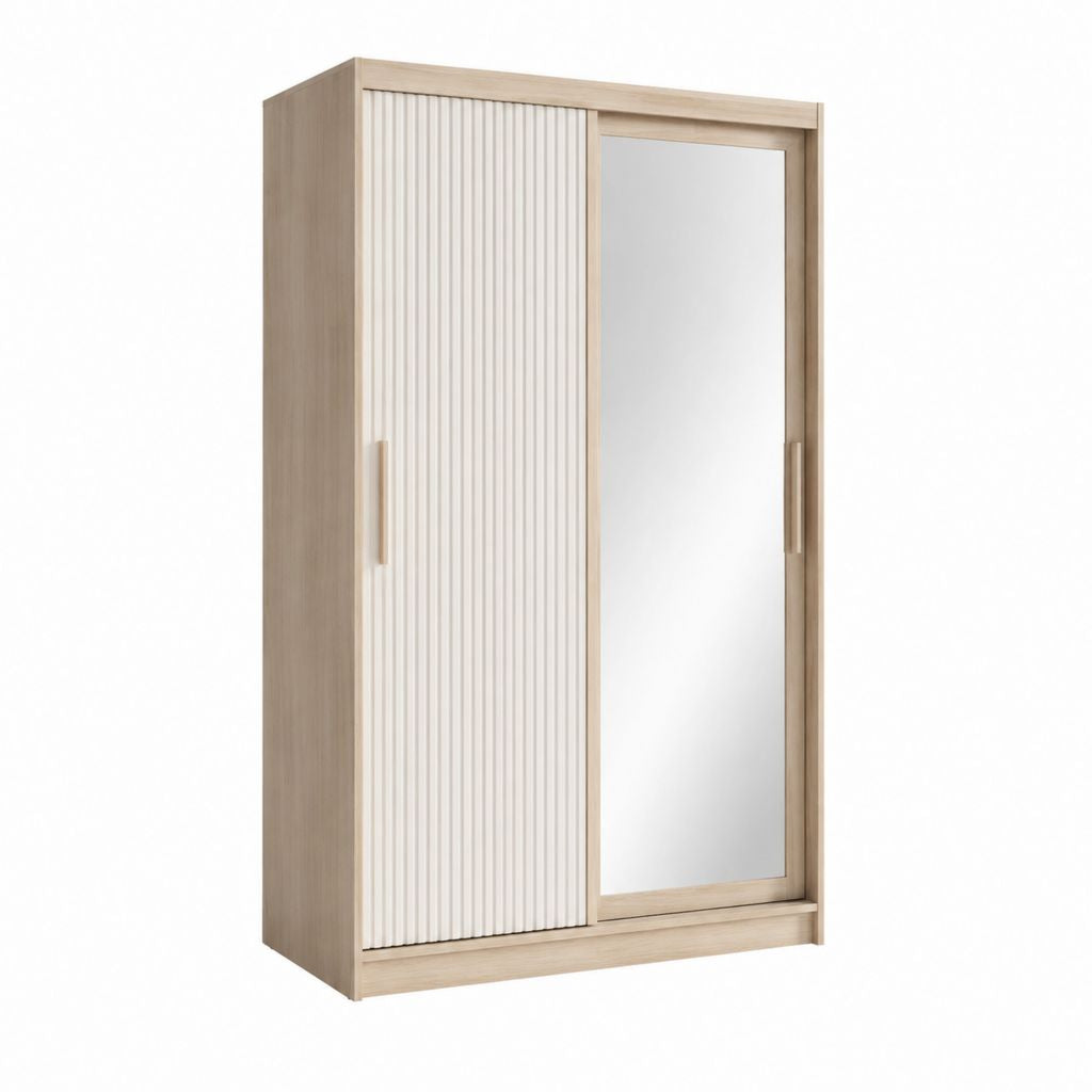 Schwebetürenschrank mit Spiegel Hellbraun Weiß Spanplatte rechteckig 120 x 60 x 200 cm