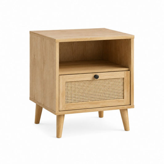 Nachttisch mit Schublade und offenem Fach Eichenoptik MDF Rattan rechteckig 40 x 35 x 55 cm