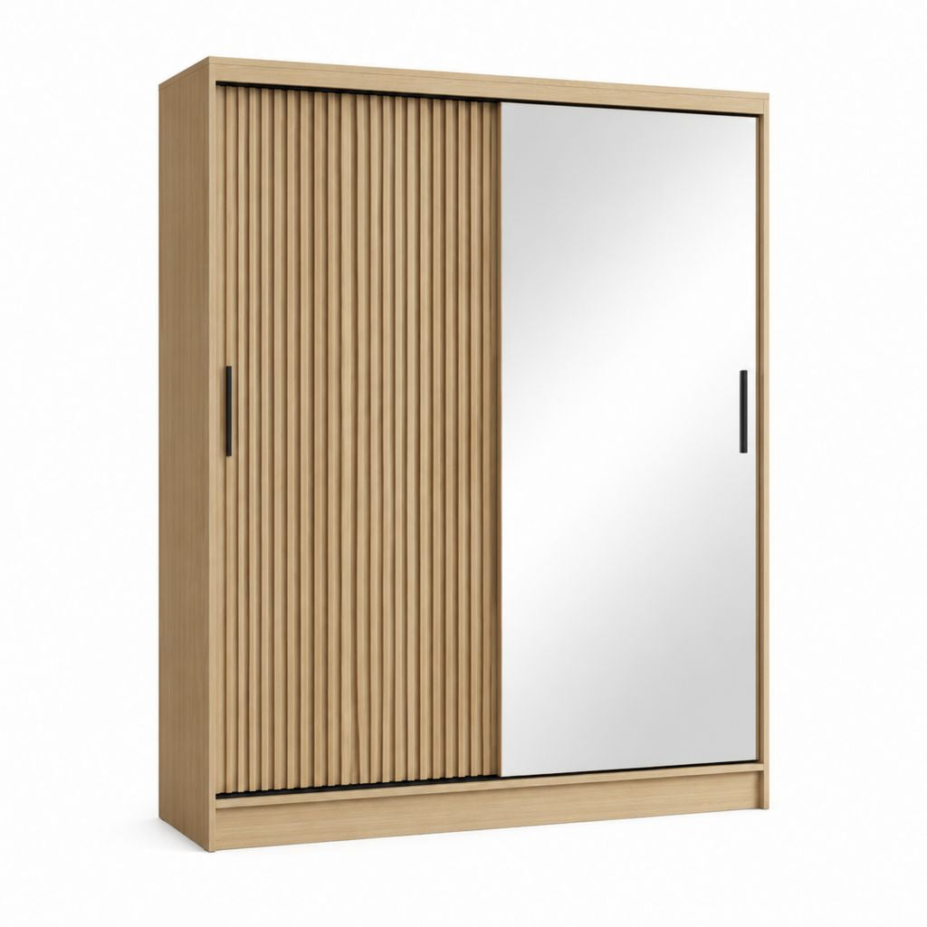 Kleiderschrank Schwebetürenschrank Eichefarben mit Spiegel und Lamellentür 120 x 60 x 200 cm