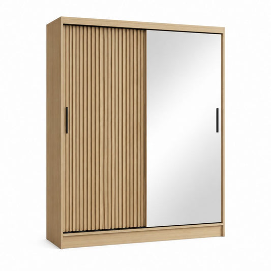 Kleiderschrank Schwebetürenschrank Eichefarben mit Spiegel und Lamellentür 120 x 60 x 200 cm