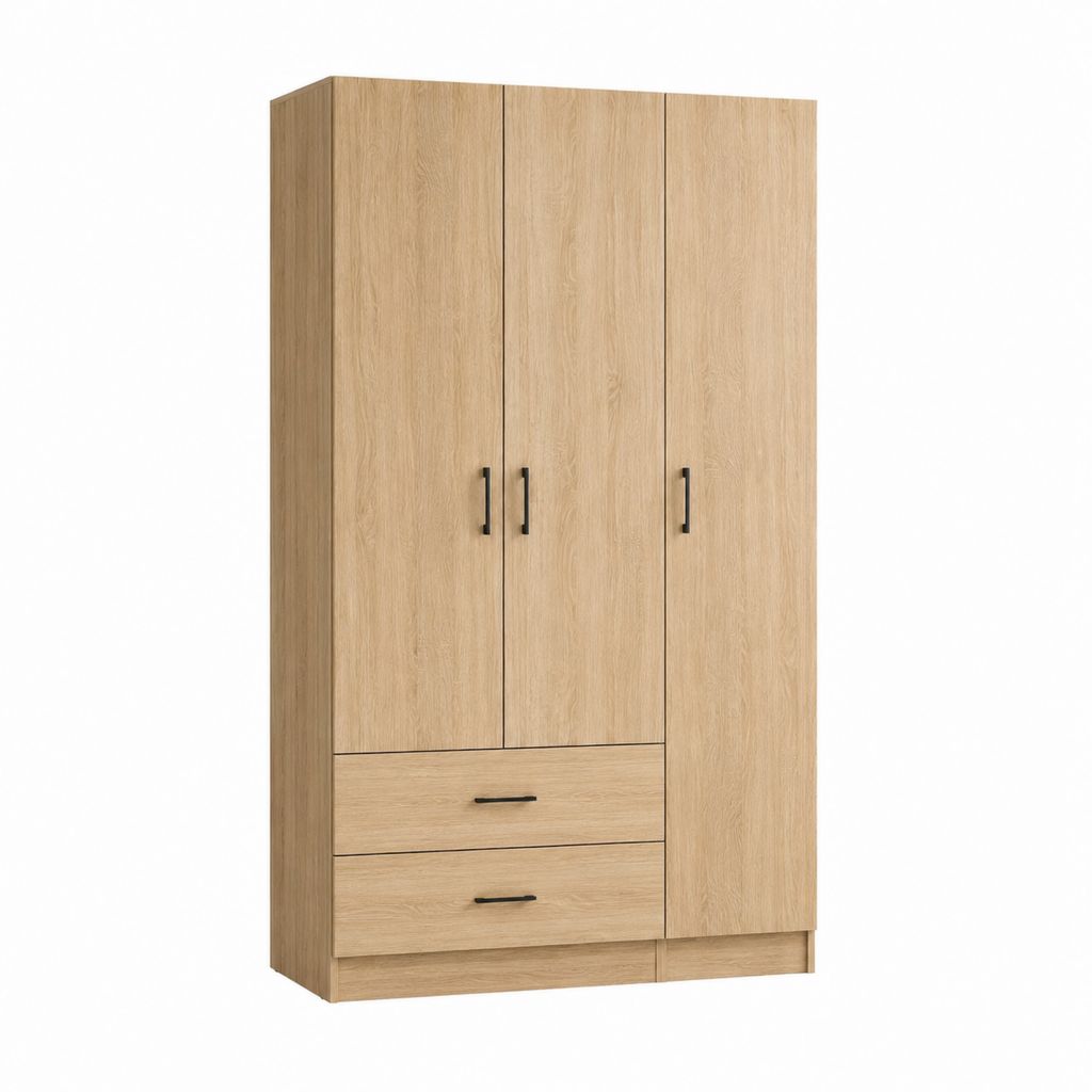 Kleiderschrank Eiche hell aus melaminbeschichteter Spanplatte rechteckig mit 3 Türen 2 Schubladen 100 x 200 x 52 cm