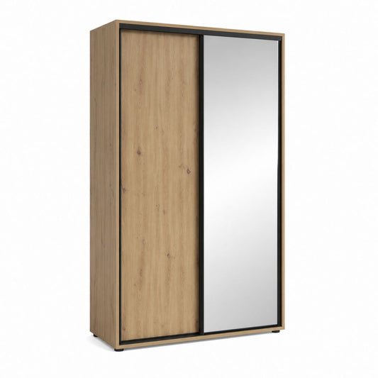 Schiebetürenschrank Eiche-Optik mit Spiegel und schwarzem Aluminiumrahmen 100 x 60 x 200 cm